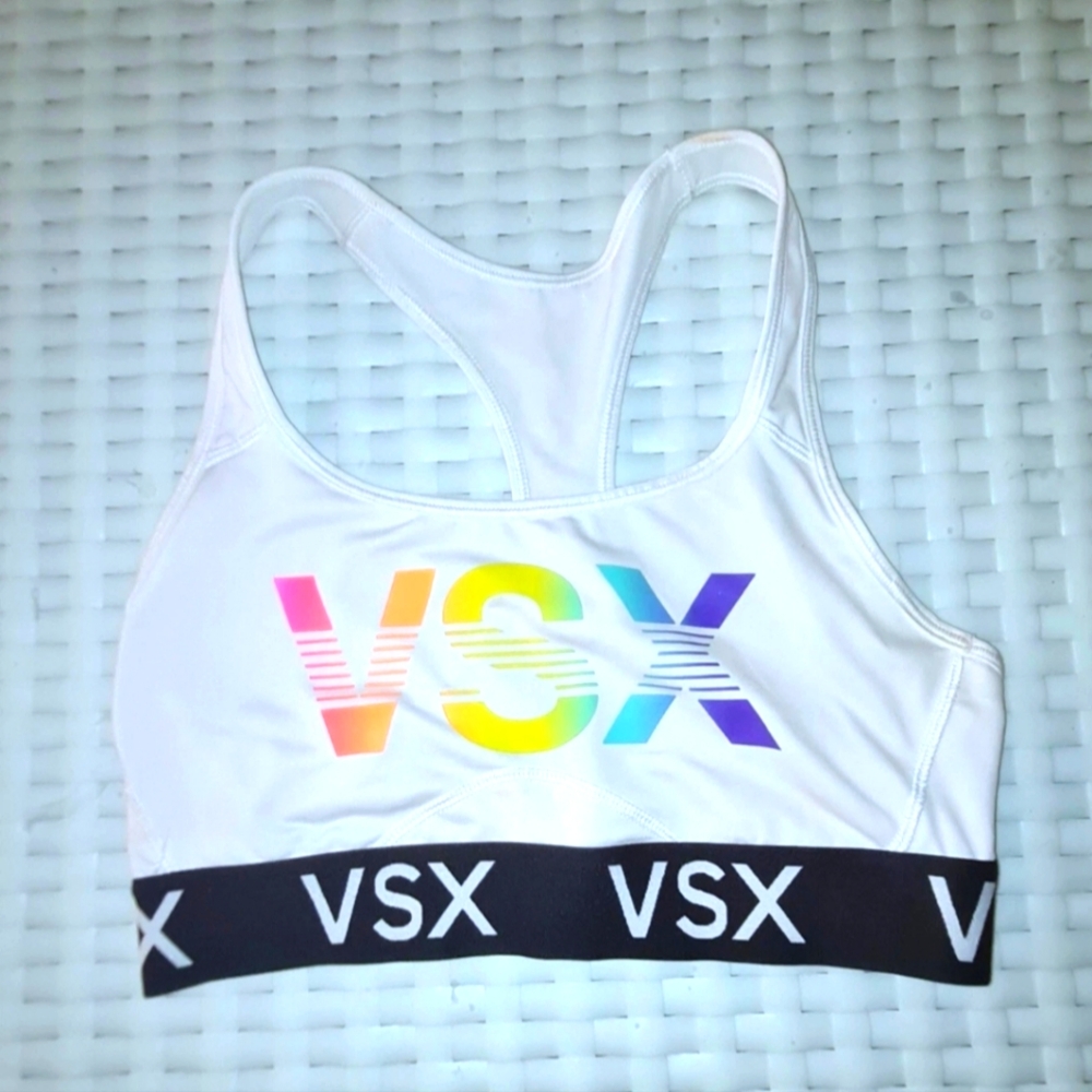Victorias Secret Sports Bra VSX Rainbow Neon Logo The Player White Med Support M